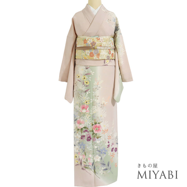 訪問着 リサイクル 身丈161.5cm 裄68cm 袷 花柄 作家「節」 ピンク Lサイズ セミフォーマル 一つ紋 正絹 広衿 Sランク