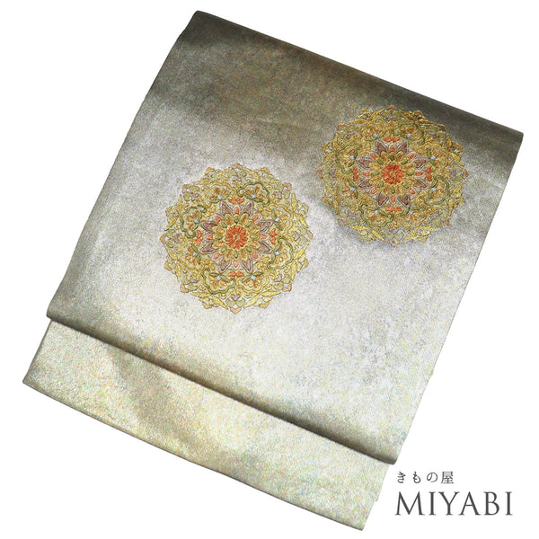 名古屋帯 リサイクル 帯丈363cm ポイント柄 華紋 シルバー Mサイズ 正絹 Aランク お洒落