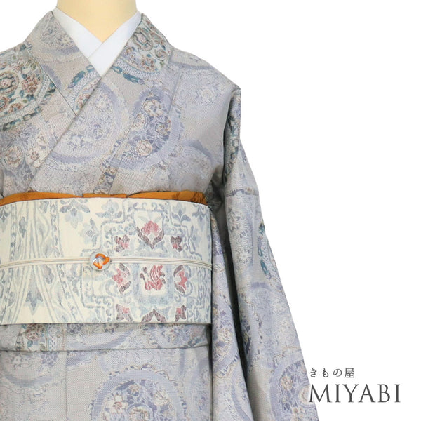 紬 リサイクル 身丈161.5cm 裄64.8cm 袷 絵皿柄 グレー Lサイズ お洒落 カジュアル 正絹 広衿 Sランク