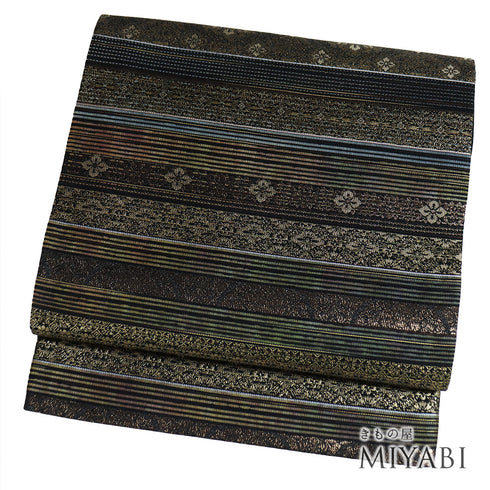 袋帯 リサイクル 帯丈432cm 六通 横段柄 ブラック Sサイズ 正絹 Sランク フォーマル セミフォーマル