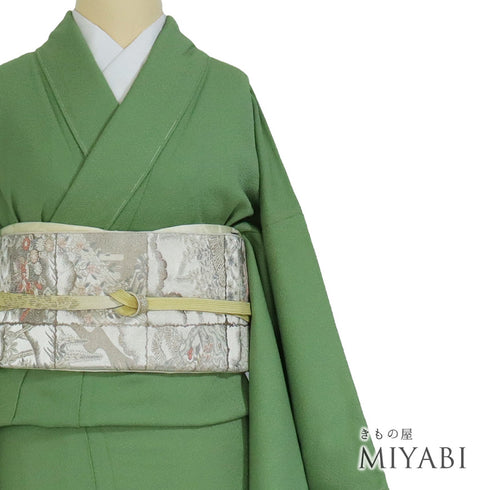 色無地 リサイクル 身丈167.5cm 裄66.8cm 袷 グリーン LLサイズ フォーマル セミフォーマル 一つ紋 正絹 広衿 地紋あり Sランク