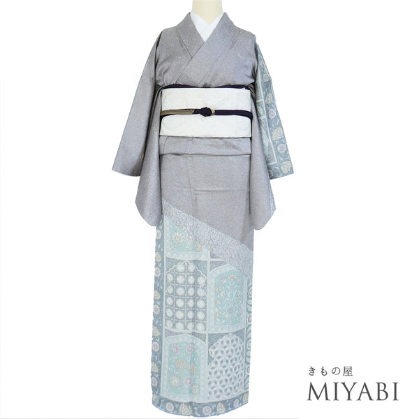 訪問着 リサイクル 身丈163.5cm 裄64.4cm 袷 オリエンタル柄 グレー Lサイズ セミフォーマル お洒落 正絹 広衿 Sランク