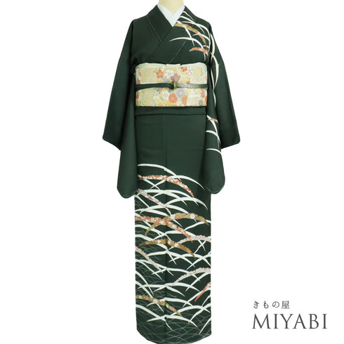 訪問着 リサイクル 身丈167.2cm 裄66.4cm 袷 雪芝柄 金駒刺繍 グリーン LLサイズ お洒落 正絹 広衿 Sランク