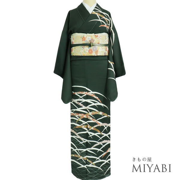 訪問着 リサイクル 身丈167.2cm 裄66.4cm 袷 雪芝柄 金駒刺繍 グリーン LLサイズ お洒落 正絹 広衿 Sランク