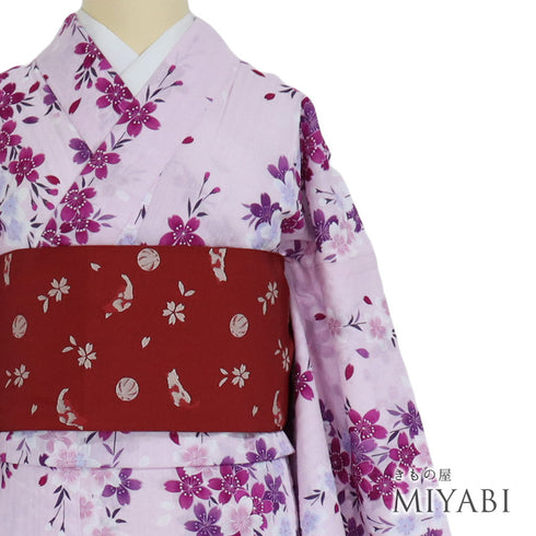 浴衣 リサイクル 夏着物 身丈166cm 裄67cm 夏物 枝垂れ桜 変わり織り 既製品 ピンク LLサイズ カジュアル 木綿 洗える着物 バチ衿 Aランク