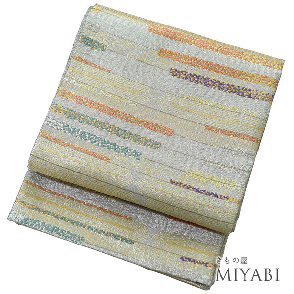 袋帯 リサイクル 帯丈436cm 六通 横段模様 シルバー Mサイズ 正絹 Sランク フォーマル