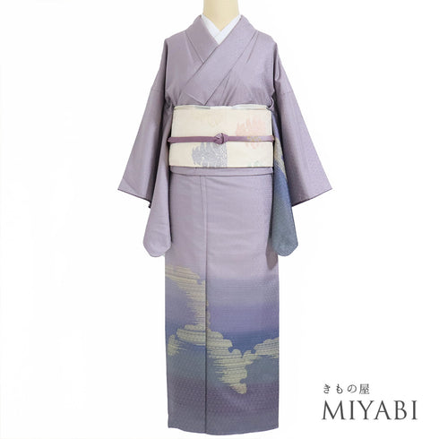 付下げ リサイクル 身丈152.5cm 裄61.6cm 袷 紬 雪輪柄 地紋 じゅらく パールトーン パープル Sサイズ お洒落 正絹 広衿 Sランク