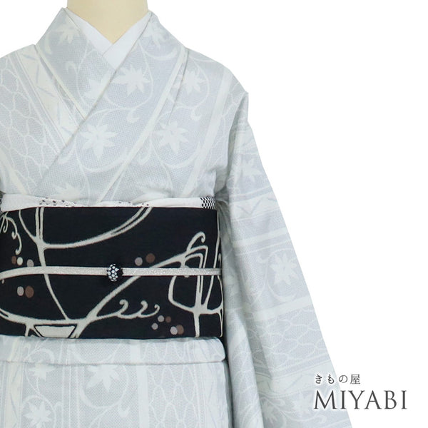 紬 リサイクル 身丈158.5cm 裄67.2cm 単衣 紬柄プリント 花唐草 平織生地 後身頃居敷当て ゆったりサイズ ホワイト Mサイズ お洒落 カジュアル ポリエステル 広衿 Sランク