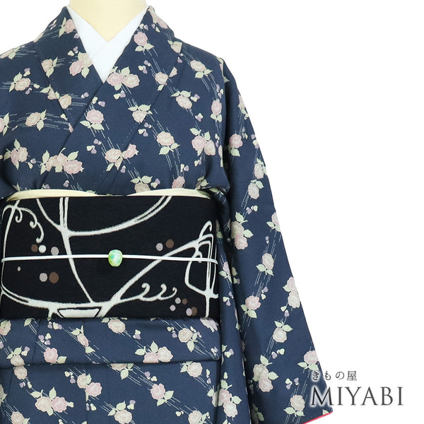 小紋 リサイクル 身丈164cm 裄65.5cm 袷 花柄 ブルー Lサイズ お洒落 カジュアル 正絹 広衿 Sランク