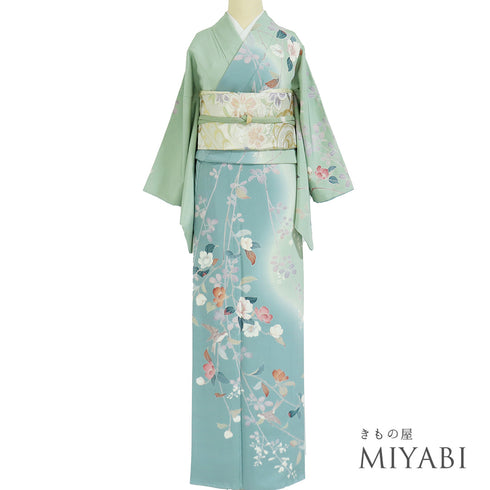 訪問着 リサイクル 身丈158cm 裄64.6cm 袷 花や木や鳥柄 松彩 グリーン Mサイズ フォーマル セミフォーマル 落款 正絹 広衿 Aランク