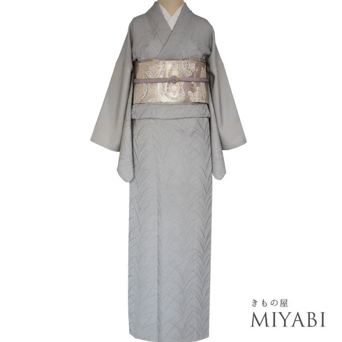 付下げ リサイクル 身丈159cm 裄66.4cm 袷 地紋 大王松模様 グレー Mサイズ セミフォーマル お洒落 落款 正絹 広衿 Sランク