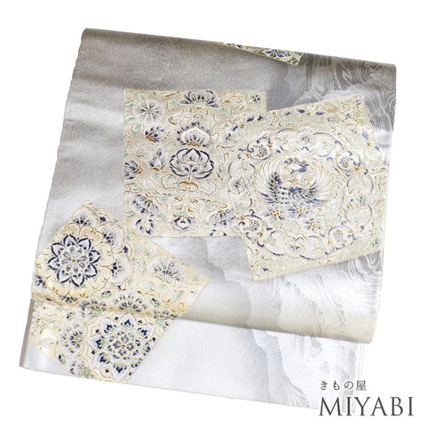 袋帯 リサイクル 帯丈424cm 六通 色紙に花文 有職文様 シルバー Sサイズ 正絹 新品・未使用品 フォーマル セミフォーマル