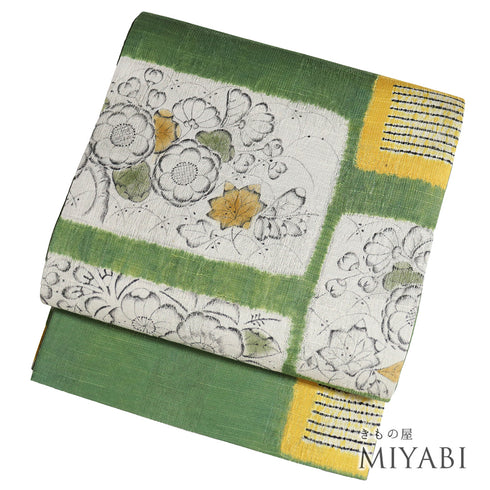 袋帯 リサイクル 帯丈464cm ポイント柄 辻が花風柄 グリーン LLサイズ 正絹 新品・未使用品 お洒落