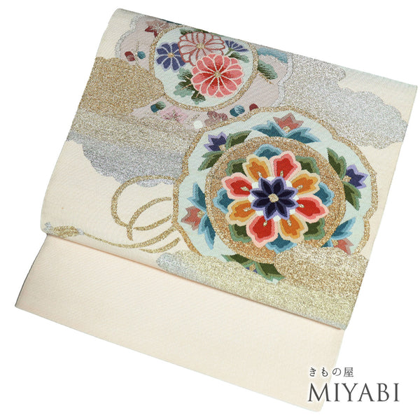 名古屋帯 リサイクル 帯丈356cm ポイント柄 華文に雲取り柄 つづれ織り ベージュ Sサイズ 正絹 Bランク お洒落