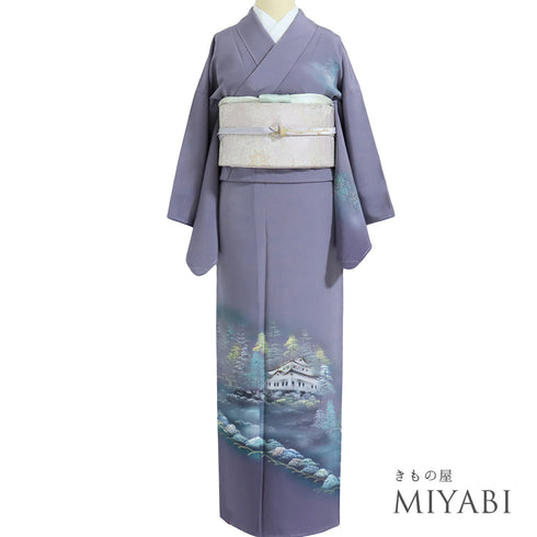 訪問着 リサイクル 身丈162.7cm 裄64.4cm 袷 二条城柄 木立柄 箔加工 京名所二条城 パープル Lサイズ セミフォーマル お洒落 正絹 広衿 Sランク