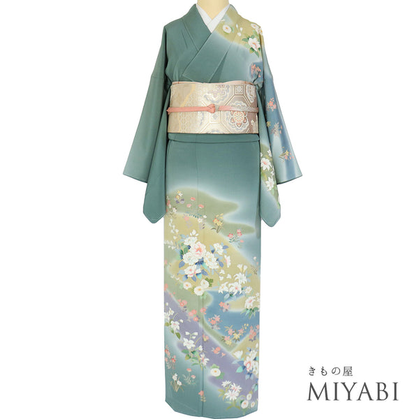 訪問着 リサイクル 身丈158cm 裄66.4cm 袷 花草模様 グリーン Mサイズ セミフォーマル 落款 しつけ糸 正絹 広衿 未使用品