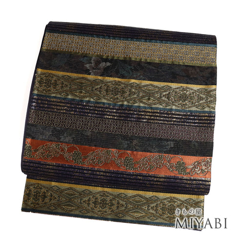 袋帯 リサイクル 帯丈436cm 六通 利休大島間道 本泥染織袋帯 多色 Mサイズ 正絹 Sランク フォーマル お洒落