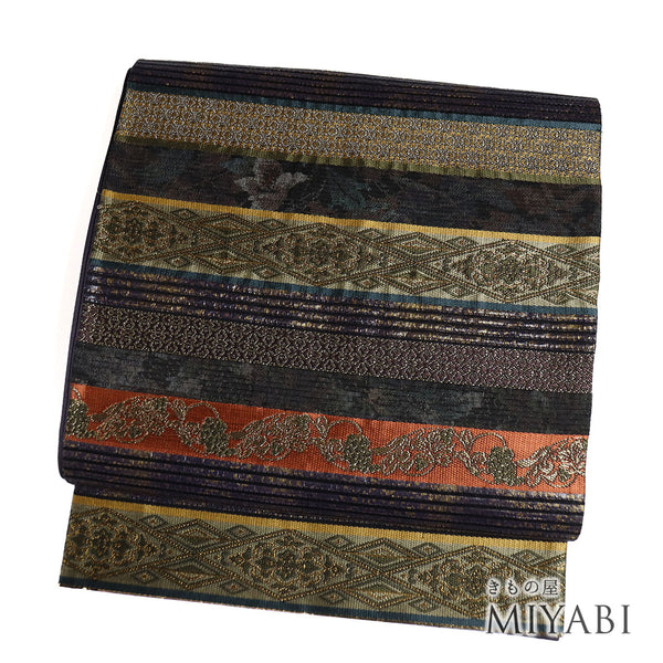 袋帯 リサイクル 帯丈436cm 六通 利休大島間道 本泥染織袋帯 多色 Mサイズ 正絹 Sランク フォーマル お洒落