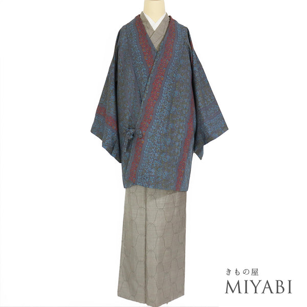 道中着 リサイクル 身丈83.8cm 裄65.2cm 袷 デザイン縞模様 草花柄 ブルー Mサイズ カジュアル 正絹 Sランク