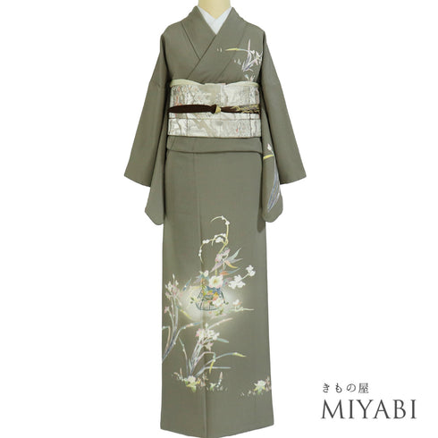 訪問着 リサイクル 身丈155.3cm 裄63.8cm 袷 京加賀友禅 百貫石峰作 パールトーン加工 花籠柄 グレー Sサイズ フォーマル セミフォーマル 一つ紋 正絹 広衿 Sランク