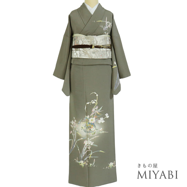 訪問着 リサイクル 身丈155.3cm 裄63.8cm 袷 京加賀友禅 百貫石峰作 パールトーン加工 花籠柄 グレー Sサイズ フォーマル セミフォーマル 一つ紋 正絹 広衿 Sランク