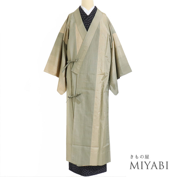 コート リサイクル 身丈132.2cm 裄68cm 単衣 ロング丈 縞柄 グリーン Lサイズ お洒落 カジュアル 正絹 Aランク