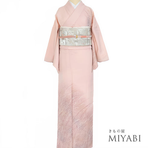付下げ リサイクル 身丈159cm 裄64.8cm 袷 草模様 ピンク Mサイズ お洒落 正絹 広衿 Sランク