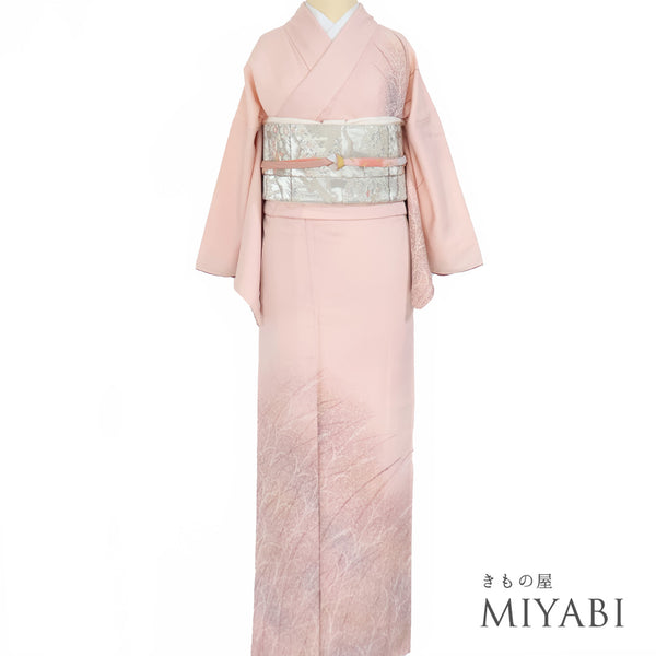 付下げ リサイクル 身丈159cm 裄64.8cm 袷 草模様 ピンク Mサイズ お洒落 正絹 広衿 Sランク