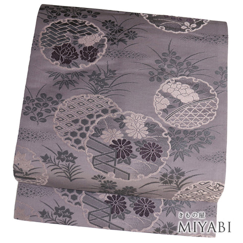 名古屋帯 リサイクル 帯丈365.5cm 六通 雪輪に花柄 パープル Mサイズ 正絹 Sランク お洒落