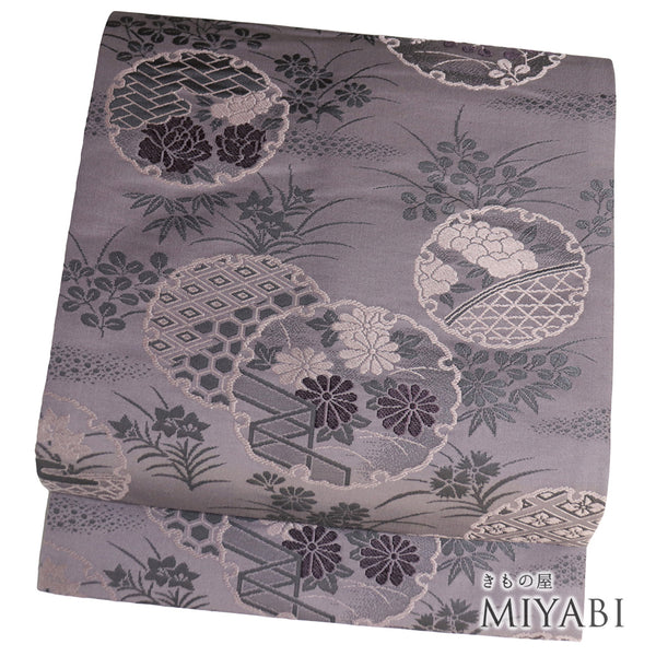 名古屋帯 リサイクル 帯丈365.5cm 六通 雪輪に花柄 パープル Mサイズ 正絹 Sランク お洒落