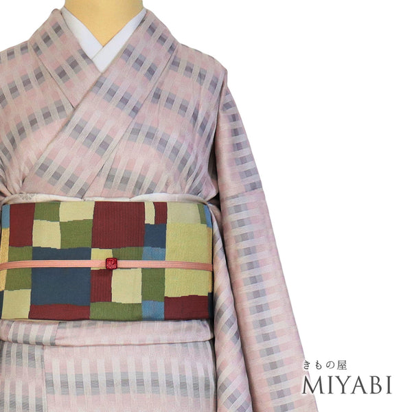 小紋 リサイクル 身丈163.7cm 裄66.8cm 袷 ゆったりサイズ 格子柄 ピンク Lサイズ お洒落 カジュアル 不明 広衿 Sランク