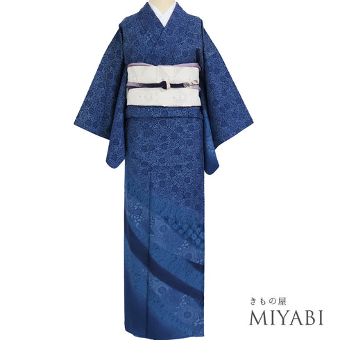 訪問着 リサイクル 身丈156cm 裄63cm 袷 藍染め 更紗柄 部分絞り ブルー Mサイズ セミフォーマル 正絹 広衿 Aランク