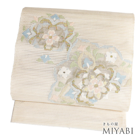 袋帯 リサイクル 帯丈460cm ポイント柄 華紋柄 夏物 ベージュ LLサイズ 混合 新品・未使用品 フォーマル セミフォーマル