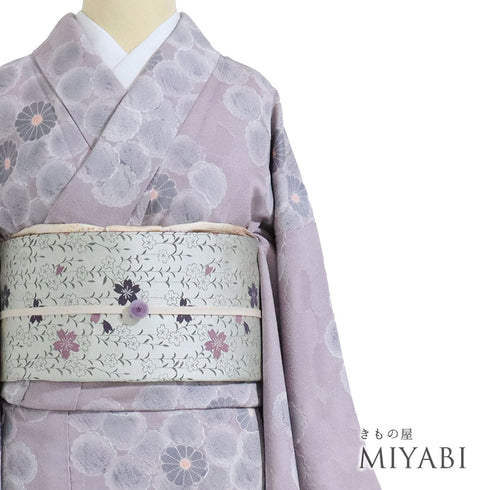 小紋 リサイクル 身丈155.5cm 裄64.6cm 袷 菊地紋 彩色 部分絞り パープル Mサイズ お洒落 カジュアル 正絹 広衿 Aランク