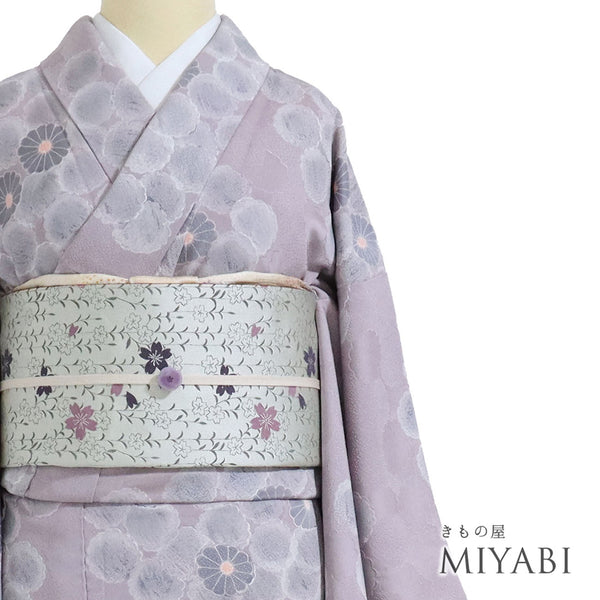 小紋 リサイクル 身丈155.5cm 裄64.6cm 袷 菊地紋 彩色 部分絞り パープル Mサイズ お洒落 カジュアル 正絹 広衿 Aランク