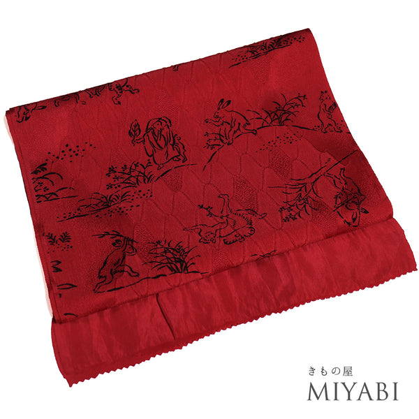 帯揚げ リサイクル お洒落 ちりめん 正絹 レッド 鳥獣戯画 Sランク AG-1205