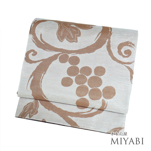 袋帯 リサイクル 帯丈464cm 全通 葡萄に草花柄 リバーシブル グレー LLサイズ 正絹 Sランク お洒落