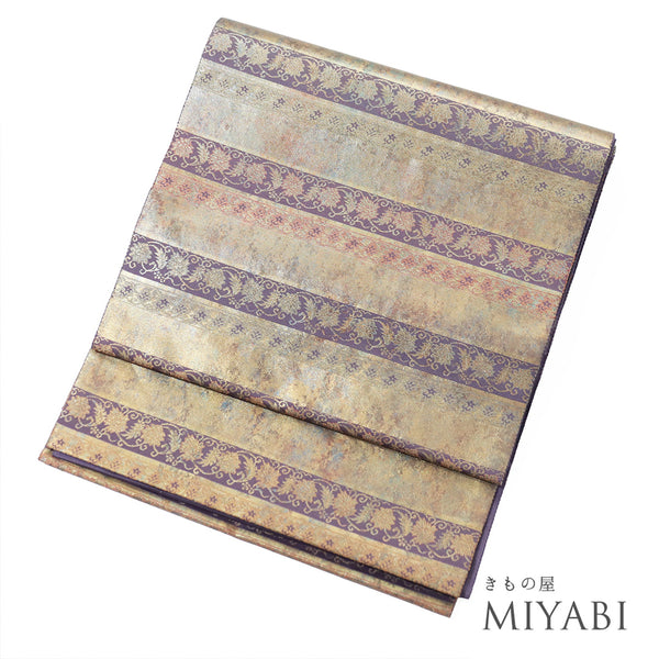 袋帯 リサイクル 帯丈434cm ポイント柄 縞模様 唐草模様 名物裂間道 箔屋清兵衛 パープル Sサイズ 正絹 Sランク お洒落