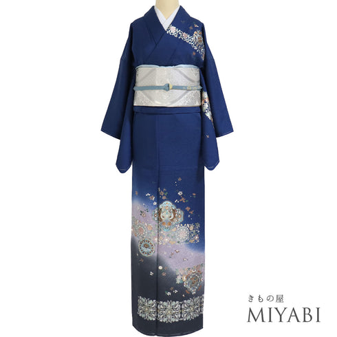 訪問着 リサイクル 身丈162.8cm 裄62.6cm 袷 金彩に双鳥と華文模様 ブルー Lサイズ セミフォーマル しつけ糸 正絹 広衿 Sランク