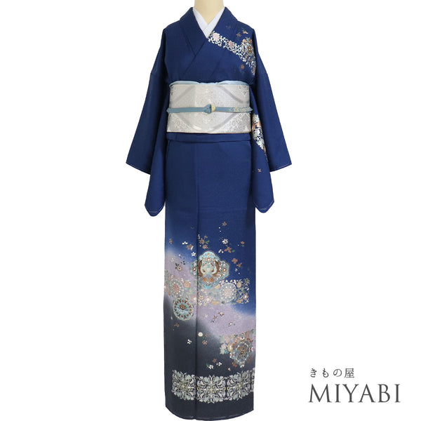 訪問着 リサイクル 身丈162.8cm 裄62.6cm 袷 金彩に双鳥と華文模様 ブルー Lサイズ セミフォーマル しつけ糸 正絹 広衿 Sランク