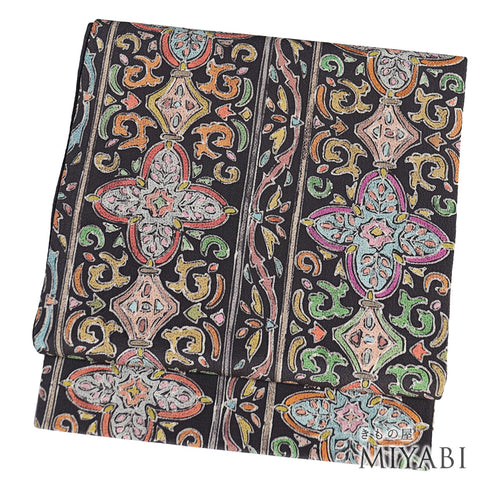 名古屋帯 リサイクル 帯丈367cm 六通 ろうけつ染め風 ちりめん パープル Mサイズ 正絹 Sランク お洒落 カジュアル