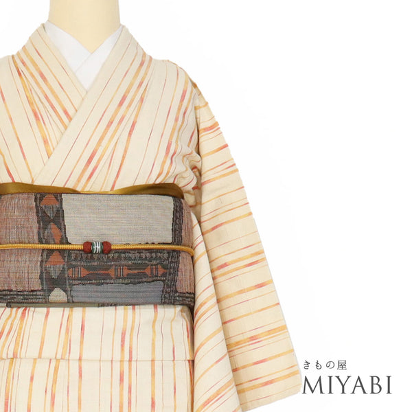 紬 リサイクル 身丈158cm 裄65.2cm 単衣 縞柄 アイボリー Mサイズ お洒落 カジュアル 正絹 広衿 Sランク