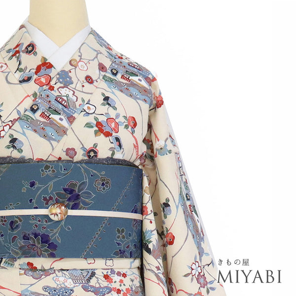 小紋 リサイクル 身丈156.5cm 裄62.6cm 袷 風景や四季花柄 ベージュ Mサイズ お洒落 ポリエステル 洗える着物 広衿 Sランク