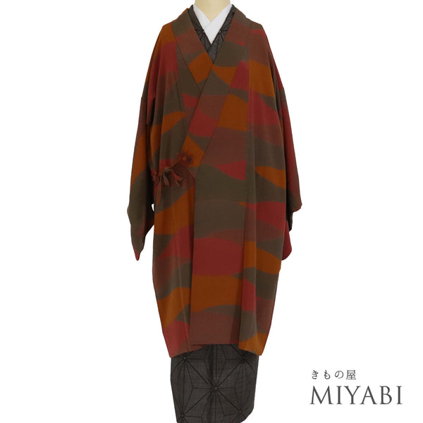 道中着 リサイクル 身丈103cm 裄64.4cm 袷 ロング丈 抽象柄 バチ衿 ブラウン Sサイズ カジュアル 正絹 Sランク