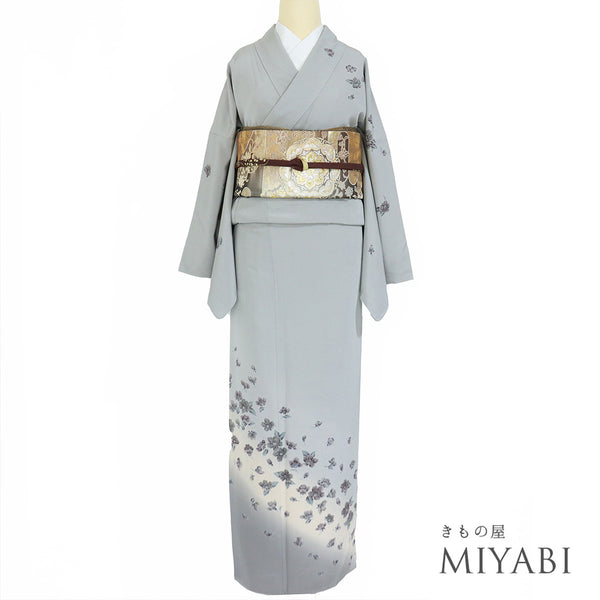 訪問着 リサイクル 身丈167.5cm 裄69.8cm 袷 花散らし柄 為書きあり グレー LLサイズ セミフォーマル お洒落 正絹 広衿 Sランク