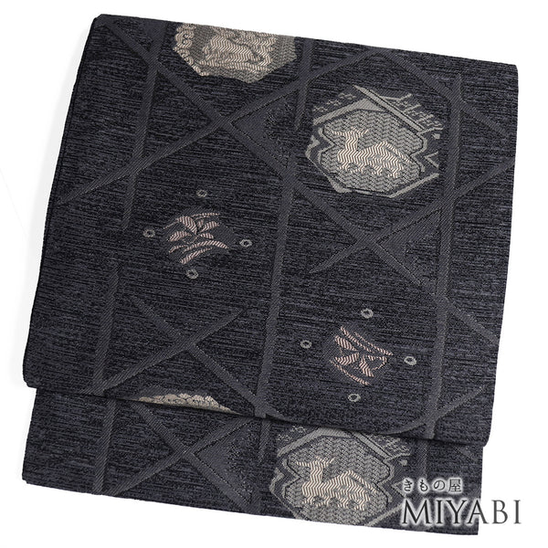 京袋帯 リサイクル 帯丈364cm 六通 兎や鹿柄 地紋 ブラック Mサイズ 正絹 Sランク お洒落 カジュアル