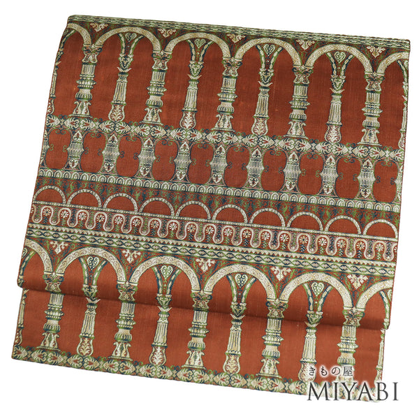 名古屋帯 リサイクル 帯丈337.5cm 全通 変わりボーダー柄 ブラウン SSサイズ 正絹 Sランク お洒落 カジュアル