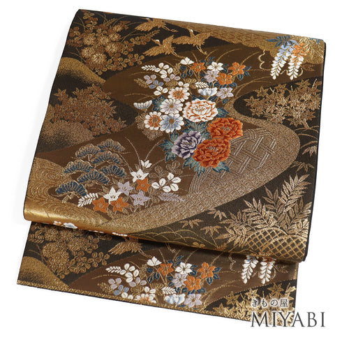 袋帯 リサイクル 帯丈432cm 六通 金糸 刺繍 花や鶴柄 ゴールド Sサイズ 正絹 Sランク フォーマル セミフォーマル