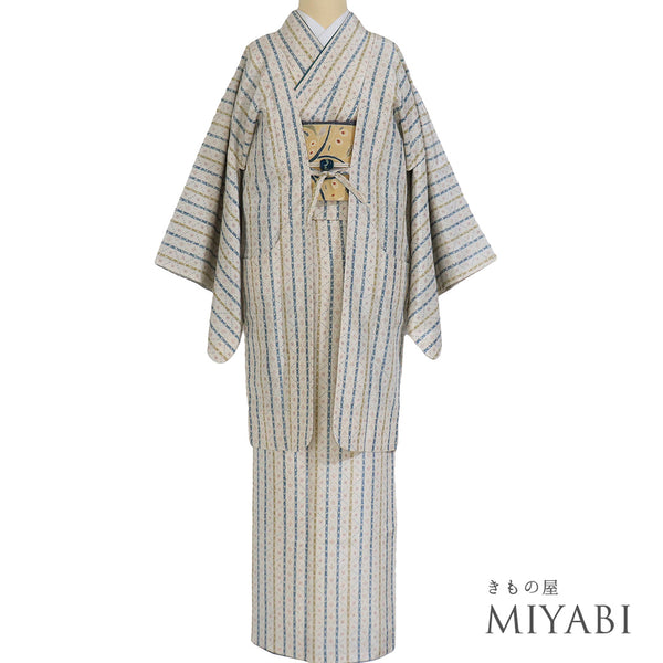 アンサンブル 小紋 リサイクル 身丈164.5cm 裄66.6cm 羽織丈95cm 袷 ストライプ柄 比翼付き アイボリー Lサイズ カジュアル お洒落 ポリエステル 洗える着物 広衿 Sランク