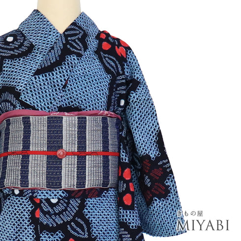 浴衣 リサイクル 夏着物 身丈157.8cm 裄64.4cm 夏物 花柄 有松鳴海本絞り ブルー Mサイズ カジュアル 木綿 洗える着物 バチ衿 Sランク